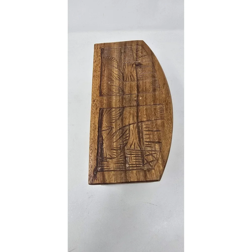 Vtg wood carved enclosed case w/12 Coasters, slide out coasters barware Kitsch